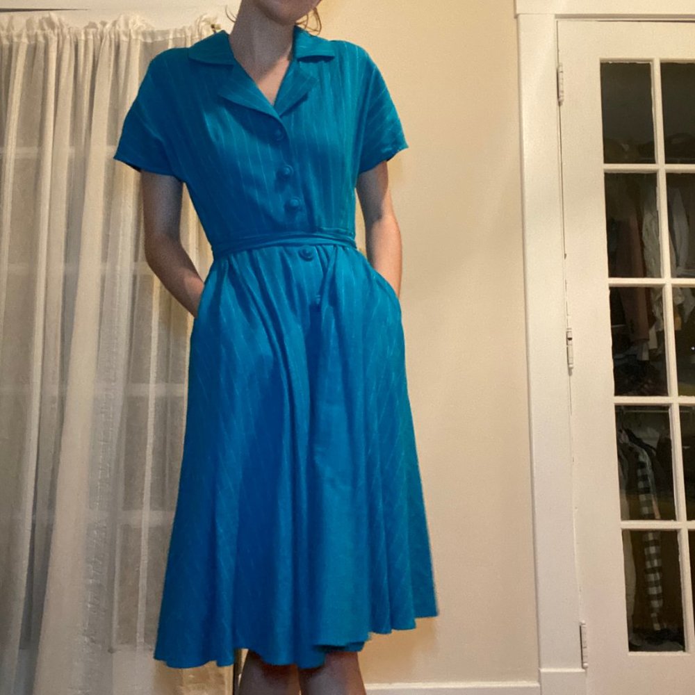 Classic Fit n Flare PinStripe Button Dress Teal